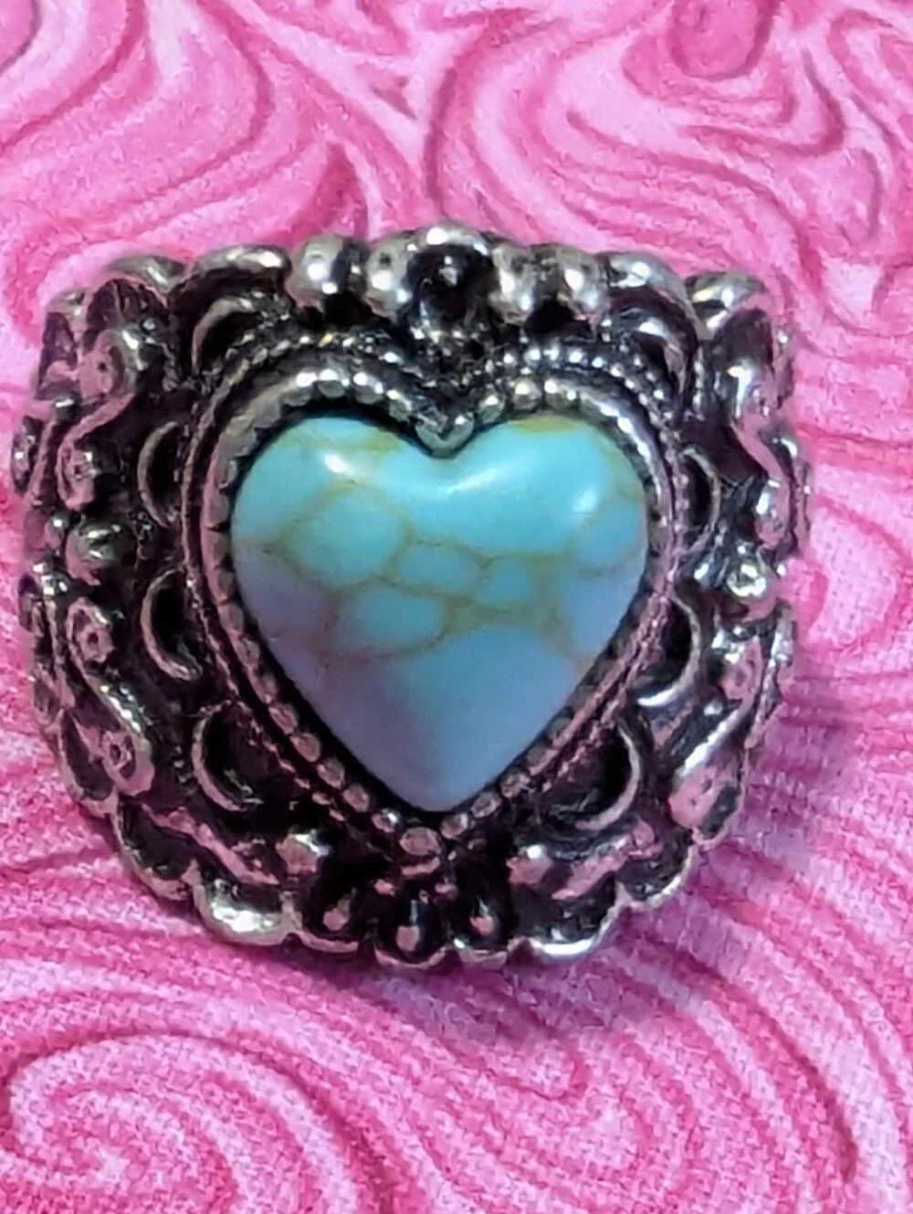 TURQUOISE HEART 💙 RING ART DECO LADY SIZE 8 WOMEN EXQUISITE INTRICATE DETAILS!!